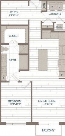 Floor plan for 1 bed, 1 bath, 971 sqft